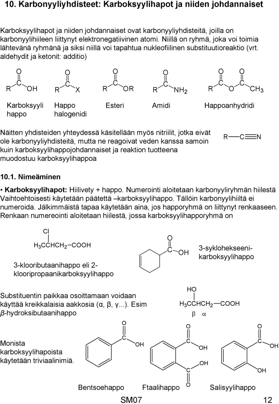 aldehydit ja ketonit: additio) X 2 3 Karboksyyli happo appo halogenidi Esteri Amidi appoanhydridi äitten yhdisteiden yhteydessä käsitellään myös nitriilit, jotka eivät ole karbonyyliyhdisteitä, mutta