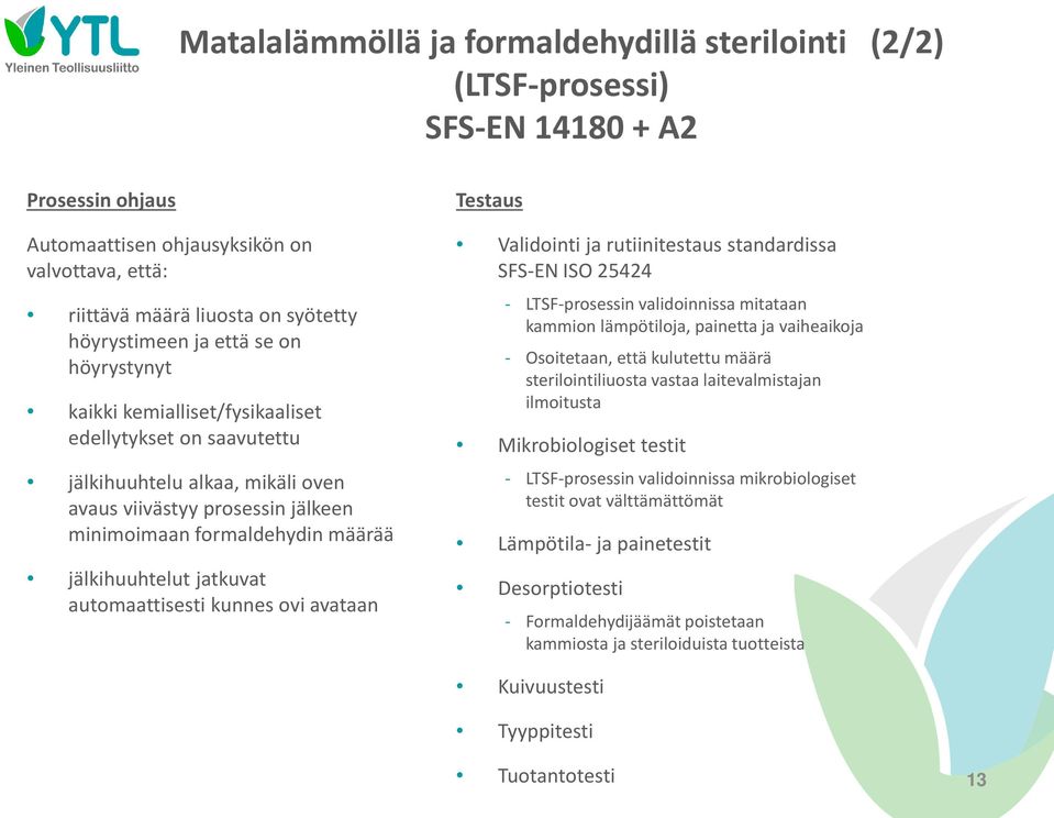 jatkuvat automaattisesti kunnes ovi avataan Testaus Validointi ja rutiinitestaus standardissa SFS-EN ISO 25424 - LTSF-prosessin validoinnissa mitataan kammion lämpötiloja, painetta ja vaiheaikoja -