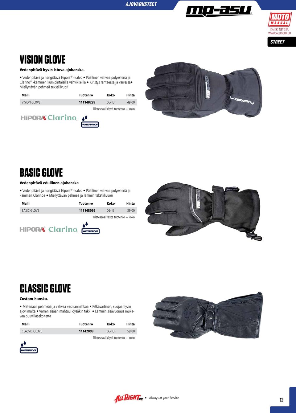 VISION GLOVE 111148299 06-13 49,00 BASIC GLOVE Vedenpitävä edullinen ajohanska Vedenpitävä ja hengittävä Hipora -kalvo Päällinen vahvaa polyesteriä ja kämmen Clarinoa Miellyttävän