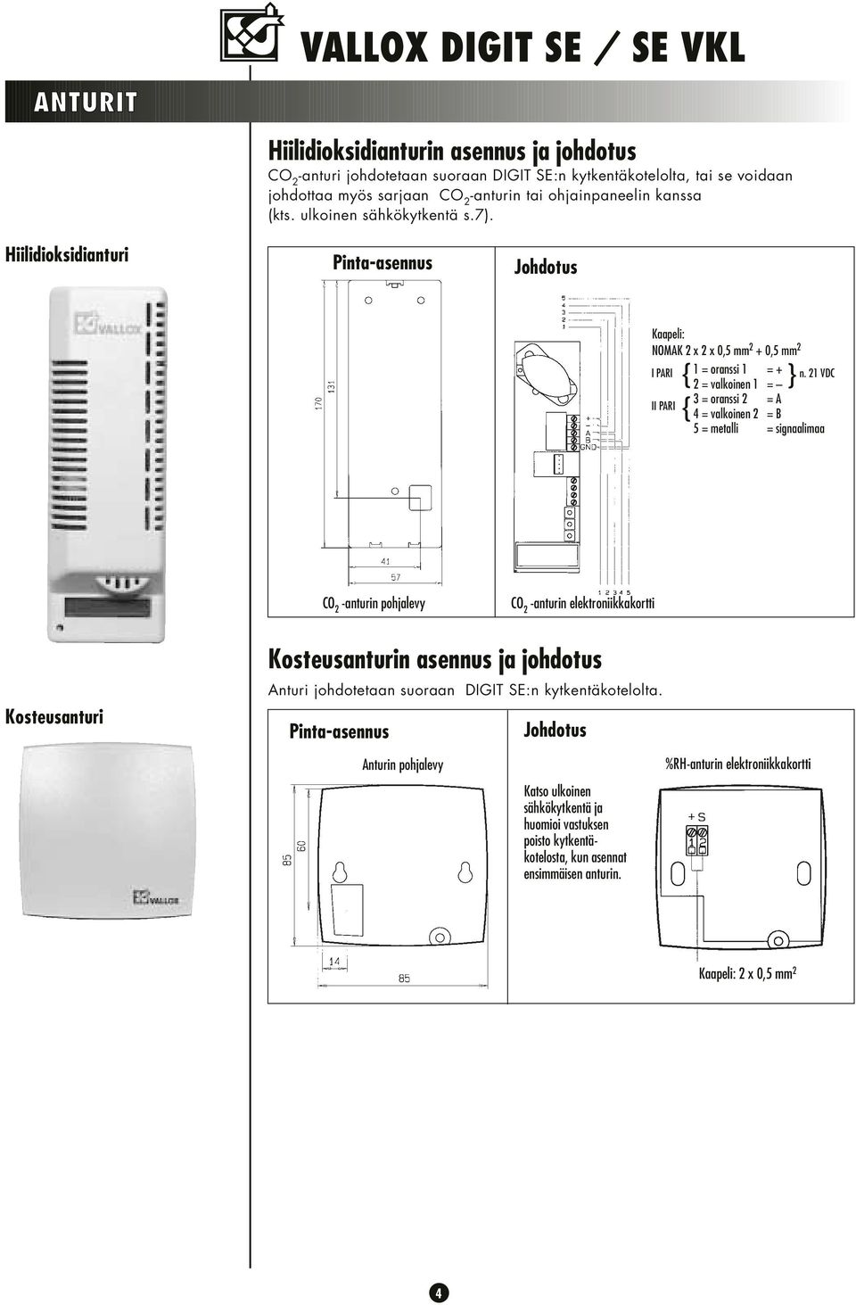 1 VDC } = oranssi = A = valkoinen = B 5 = metalli = signaalimaa CO -anturin pohjalevy CO -anturin elektroniikkakortti Kosteusanturi Kosteusanturin asennus ja johdotus Anturi johdotetaan suoraan DIGIT