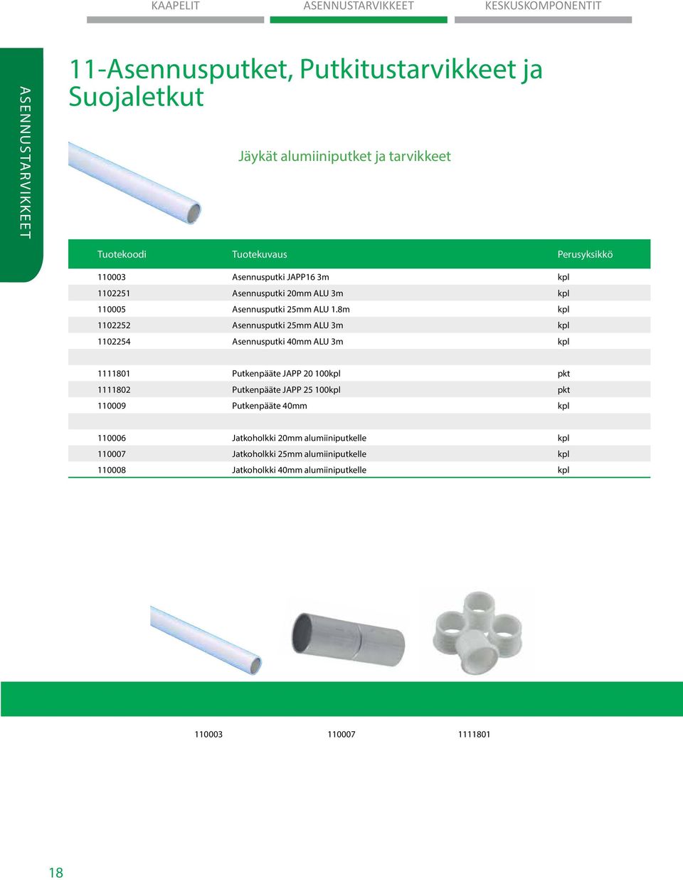 8m kpl 1102252 Asennusputki 25mm ALU 3m kpl 1102254 Asennusputki 40mm ALU 3m kpl VALAISTUS 1111801 Putkenpääte JAPP 20 100kpl pkt 1111802 Putkenpääte JAPP 25