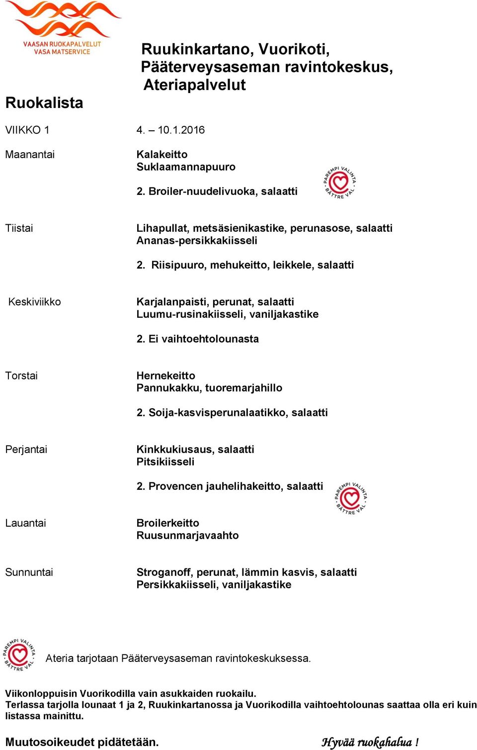 Riisipuuro, mehukeitto, leikkele, salaatti Karjalanpaisti, perunat, salaatti Luumu-rusinakiisseli, vaniljakastike 2.