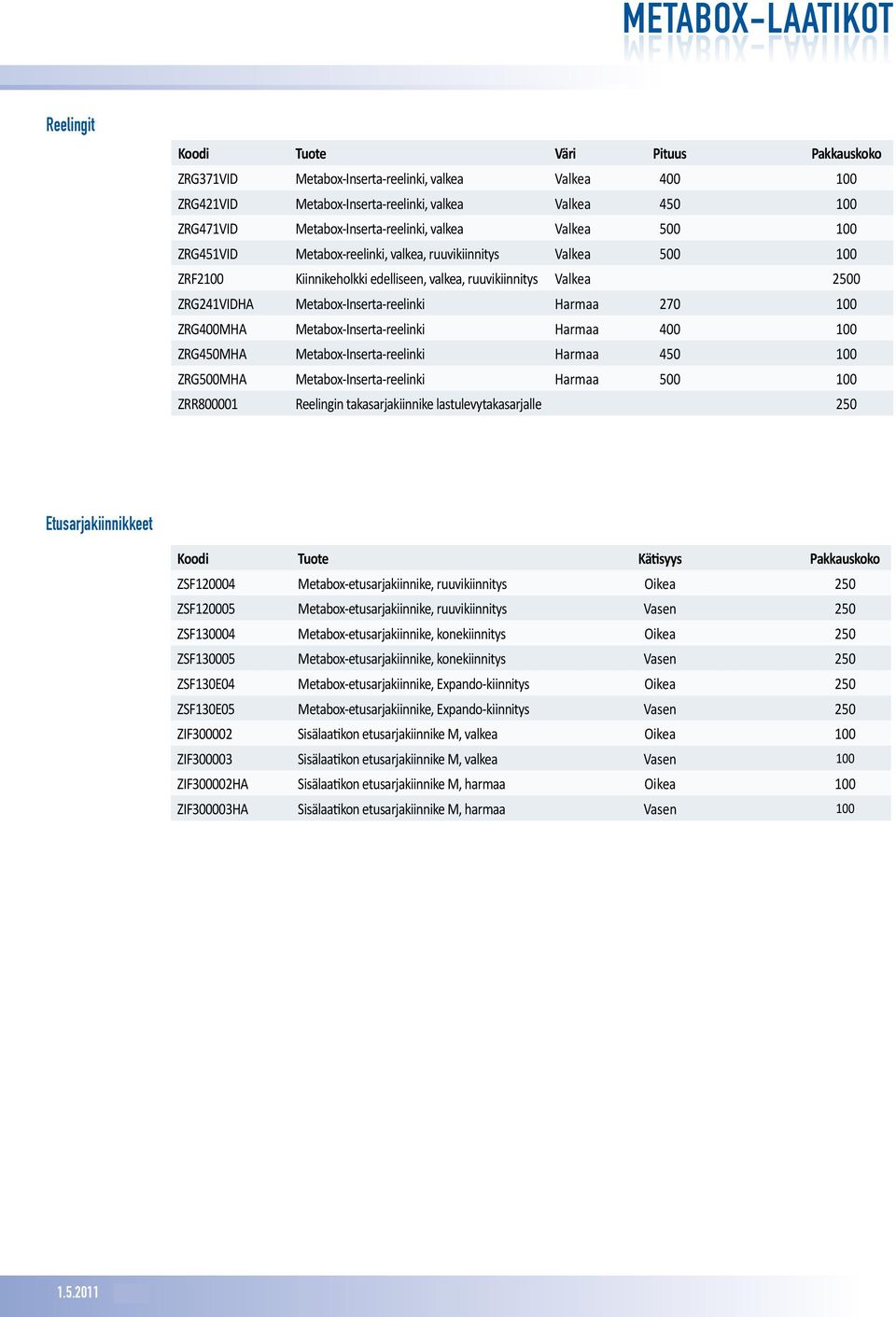 Harmaa 270 100 ZRG400MHA Metabox-Inserta-reelinki Harmaa 400 100 ZRG450MHA Metabox-Inserta-reelinki Harmaa 450 100 ZRG500MHA Metabox-Inserta-reelinki Harmaa 500 100 ZRR800001 Reelingin