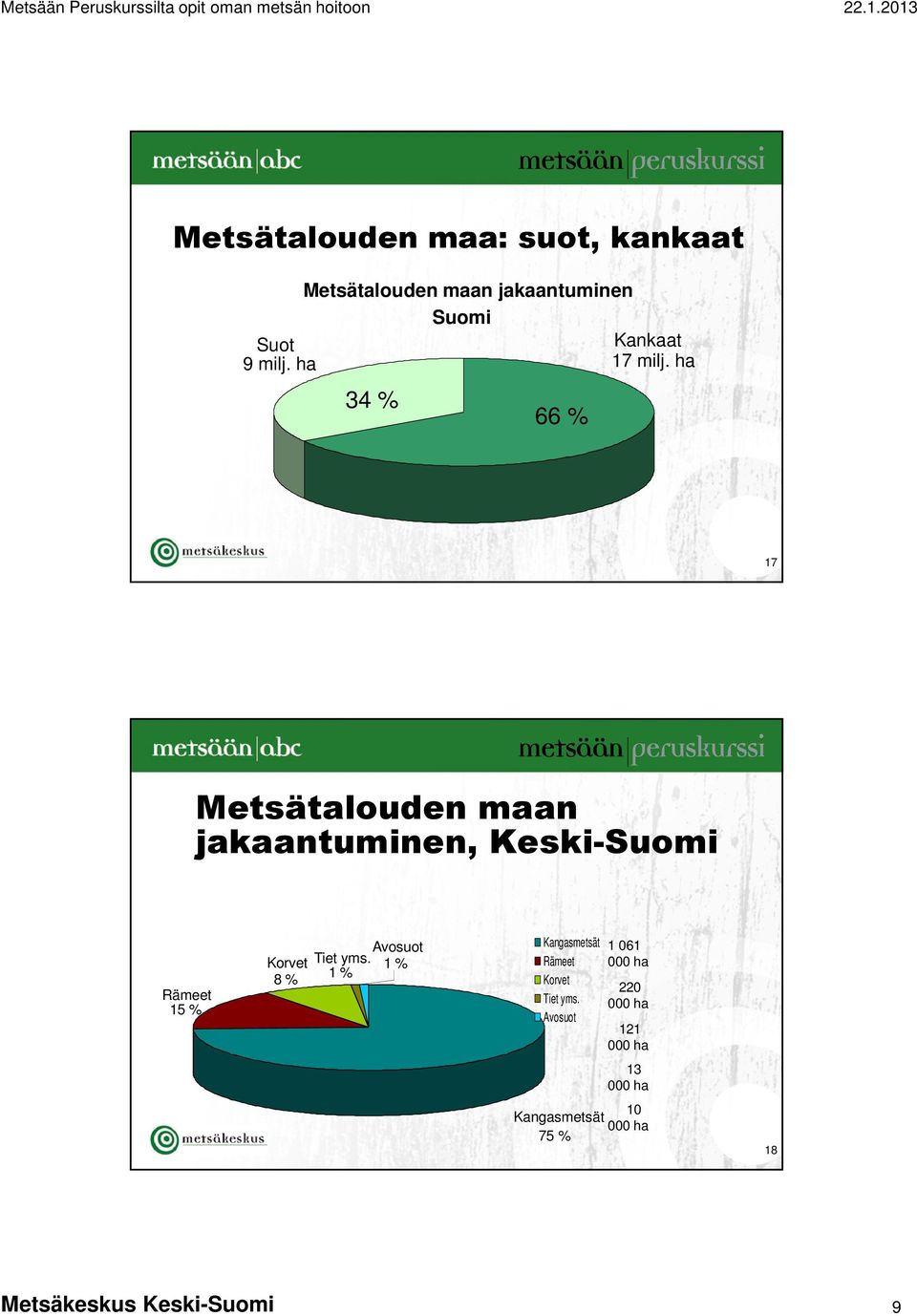 ha 34 % 66 % 17 Metsätalouden maan jakaantuminen, Keski-Suomi Rämeet 15 % Korvet 8 %