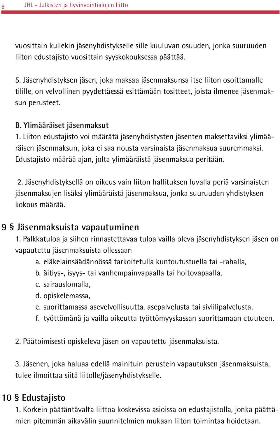 Ylimääräiset jäsenmaksut 1. Liiton edustajisto voi määrätä jäsenyhdistysten jäsenten maksettaviksi ylimääräisen jäsenmaksun, joka ei saa nousta varsinaista jäsenmaksua suuremmaksi.