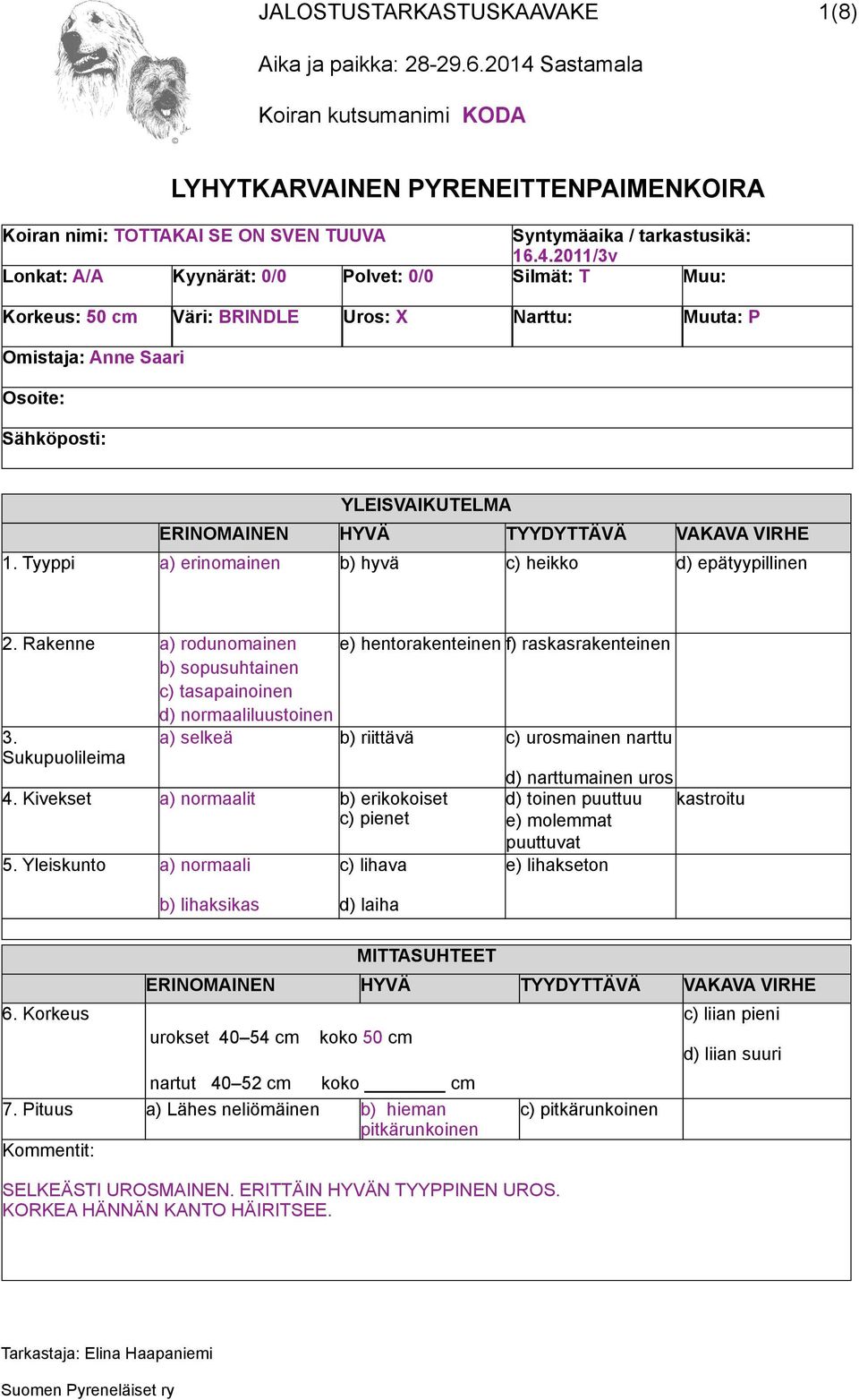 Tyyppi a) erinomainen b) hyvä c) heikko d) epätyypillinen 2. Rakenne a) rodunomainen e) hentorakenteinen f) raskasrakenteinen b) sopusuhtainen c) tasapainoinen d) normaaliluustoinen 3.