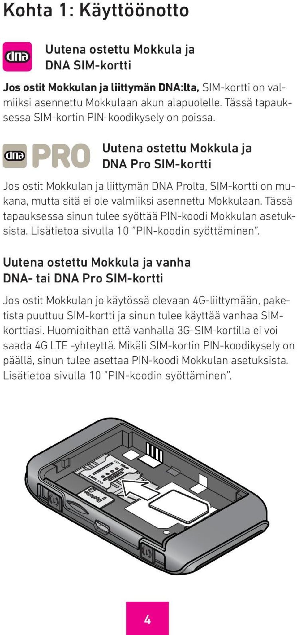 Uutena ostettu Mokkula ja DNA Pro SIM-kortti Jos ostit Mokkulan ja liittymän DNA Prolta, SIM-kortti on mukana, mutta sitä ei ole valmiiksi asennettu Mokkulaan.
