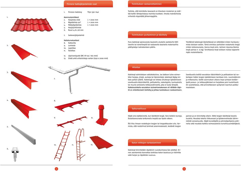 Ilmoita mahdollisista virheistä viipymättä jälleenmyyjälle. 7. Sadevesijärjestelmä Toimituksen purkaminen ja käsittely 2. Kattoturvatuotteet 8. Kattosilta 9. Lumieste 10. Lapetikas 11.