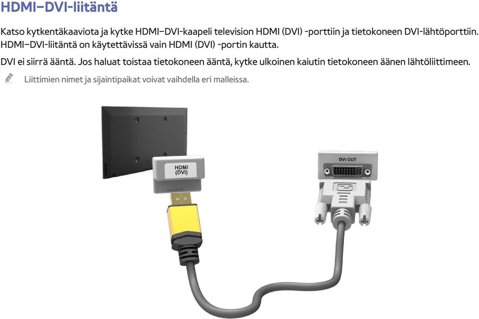 HDMI DVI-liitäntä on käytettävissä vain HDMI (DVI) -portin kautta. DVI ei siirrä ääntä.