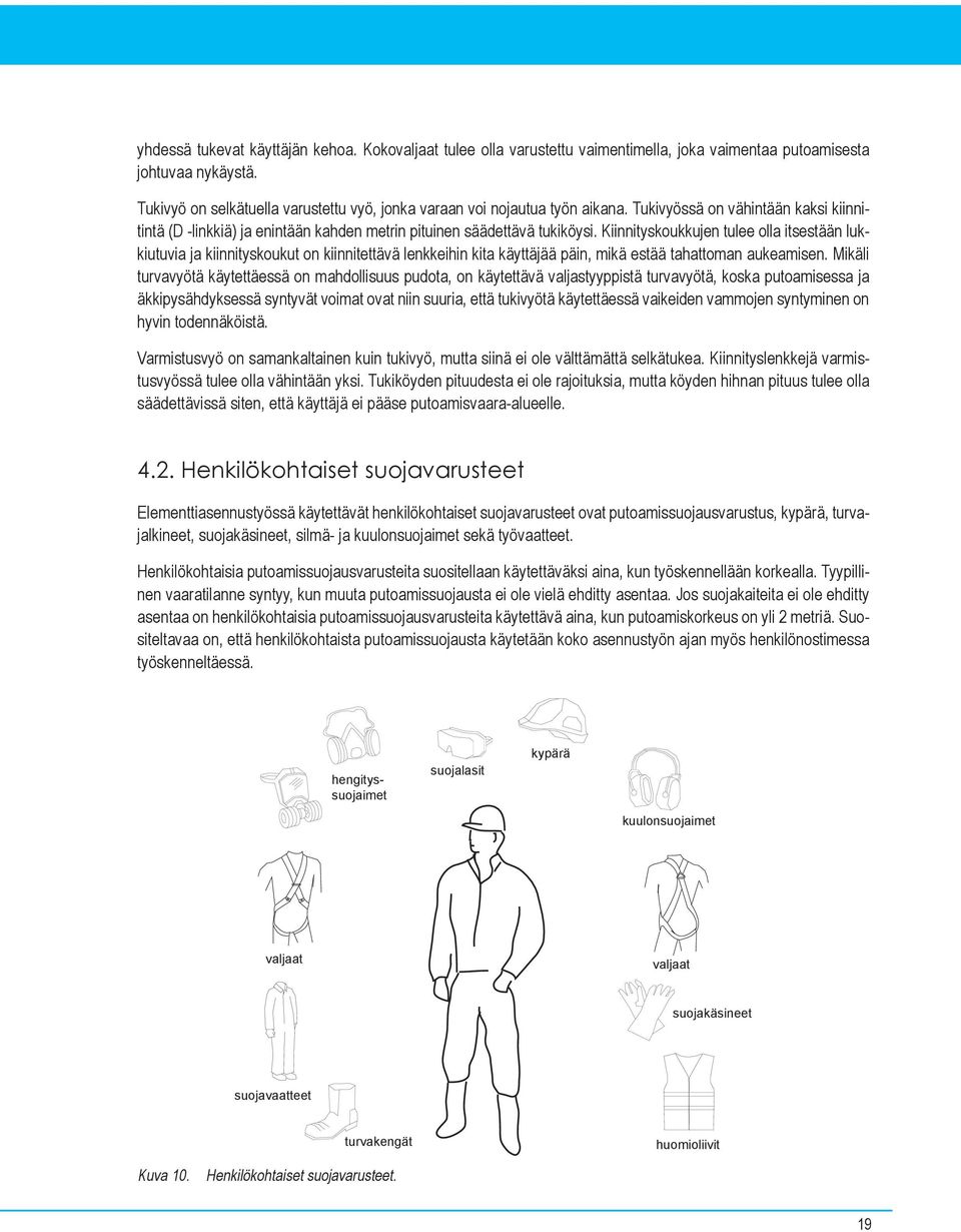 Kiinnityskoukkujen tulee olla itsestään lukkiutuvia ja kiinnityskoukut on kiinnitettävä lenkkeihin kita käyttäjää päin, mikä estää tahattoman aukeamisen.