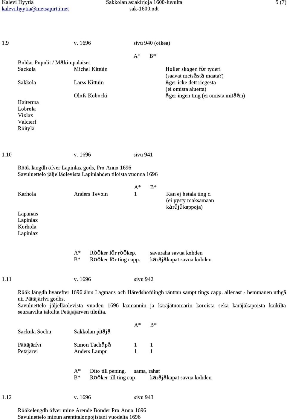 1696 sivu 941 Röök längdh öfver Lapinlax gods, Pro Anno 1696 Savuluettelo jäljelläolevista Lapinlahden tiloista vuonna 1696 Karhola Anders Tevoin 1 Kan ej betala ting c.