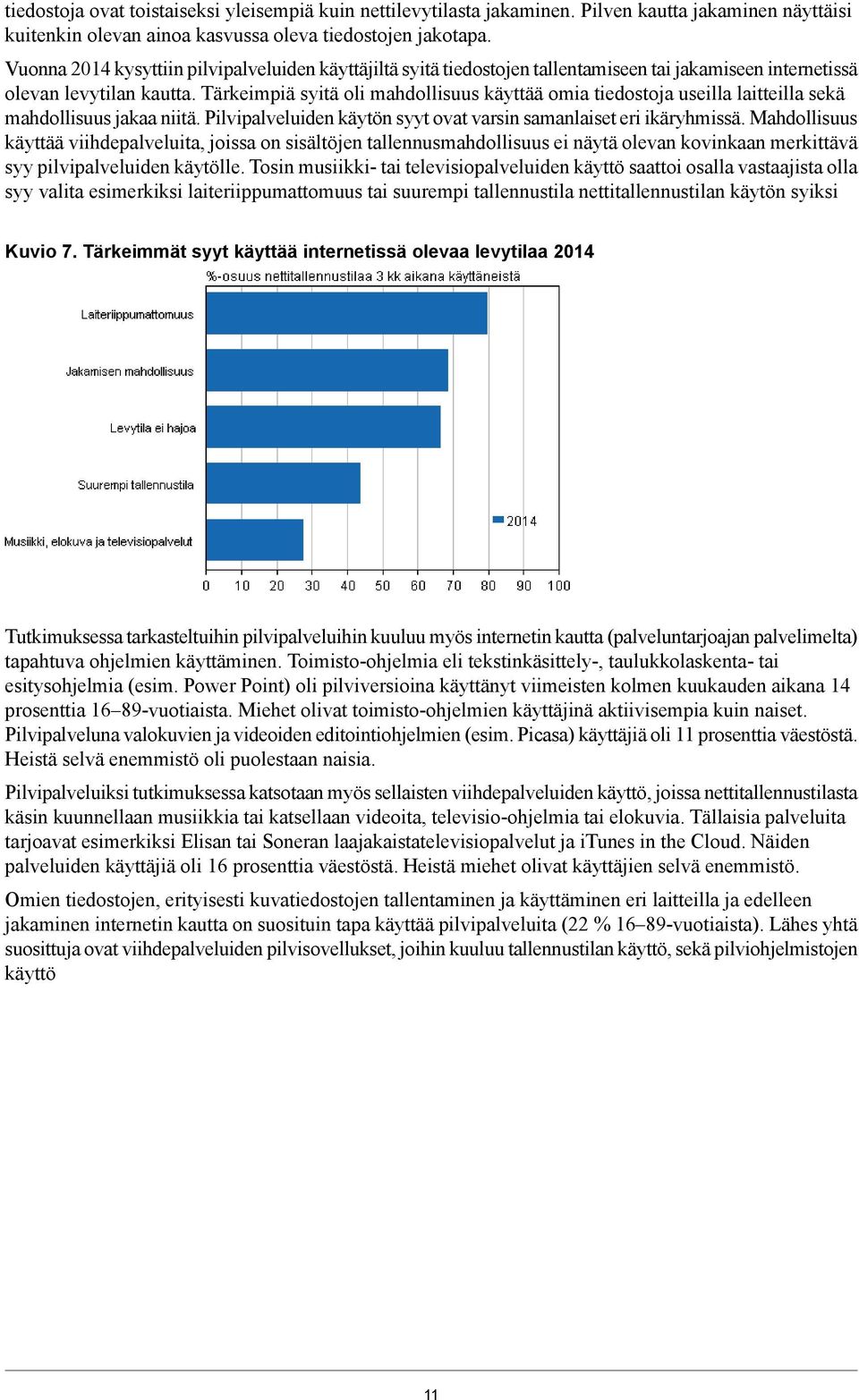 Tärkeimpiä syitä oli mahdollisuus käyttää omia tiedostoja useilla laitteilla sekä mahdollisuus jakaa niitä. Pilvipalveluiden käytön syyt ovat varsin samanlaiset eri ikäryhmissä.