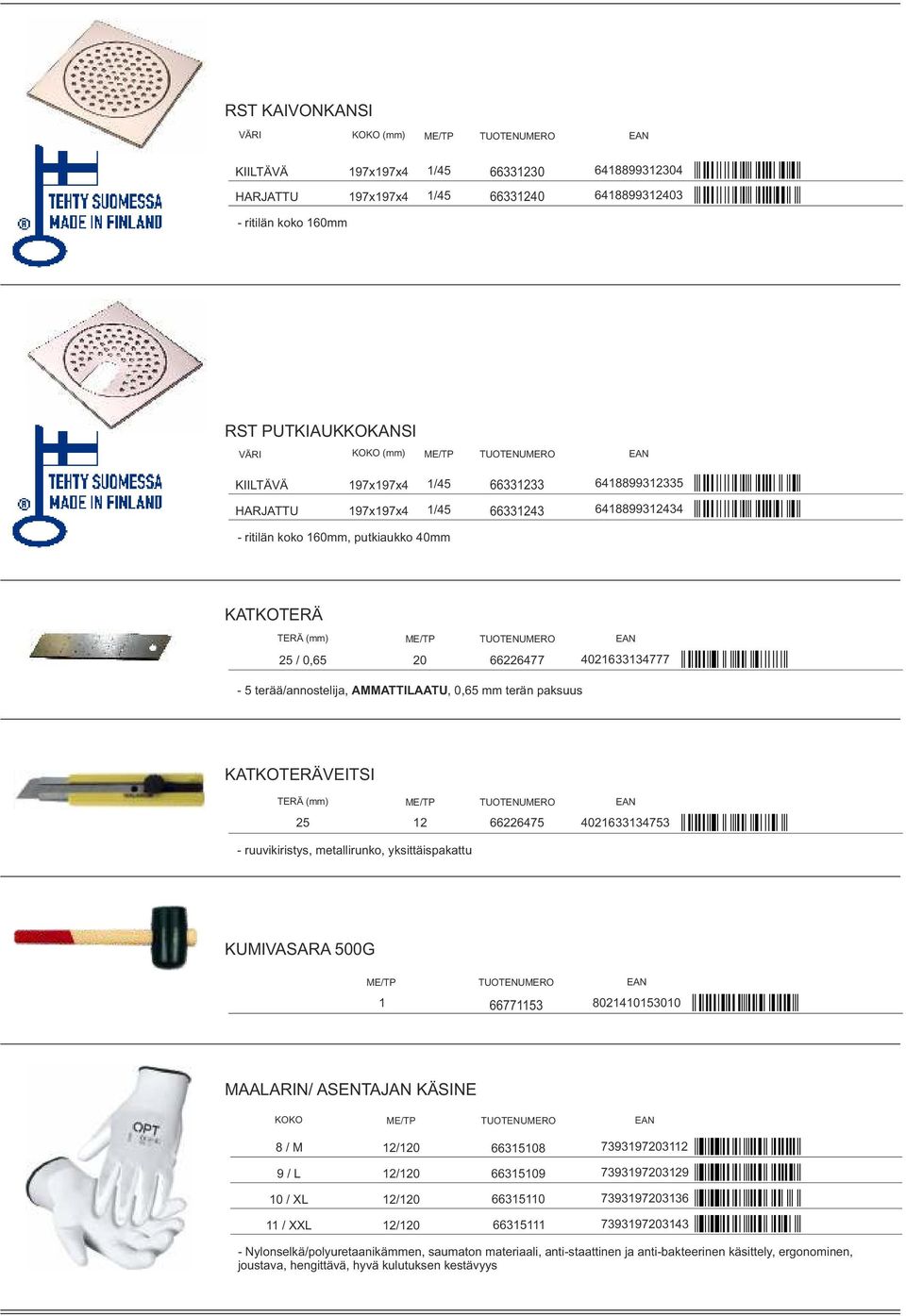 KATKOTERÄVEITSI TERÄ (mm) 25 2 66226475 40263334753 - ruuvikiristys, metallirunko, yksittäispakattu KUMIVASARA 500G 667753 8024530 MAALARIN/ ASENTAJAN KÄSINE 8 / M 2/20 66358 7393972032 9 / L 2/20