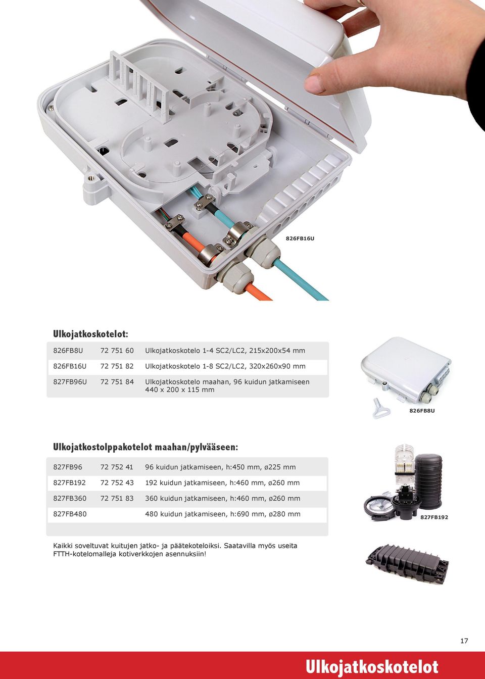 mm, ø225 mm 827FB192 72 752 43 192 kuidun jatkamiseen, h:460 mm, ø260 mm 827FB360 72 751 83 360 kuidun jatkamiseen, h:460 mm, ø260 mm 827FB480 480 kuidun jatkamiseen,
