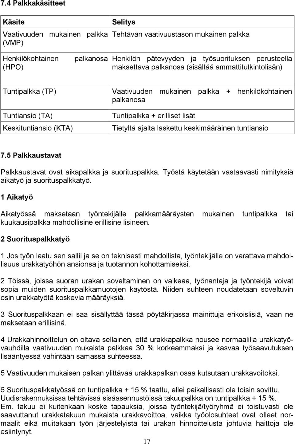 Tietyltä ajalta laskettu keskimääräinen tuntiansio 7.5 Palkkaustavat Palkkaustavat ovat aikapalkka ja suorituspalkka. Työstä käytetään vastaavasti nimityksiä aikatyö ja suorituspalkkatyö.