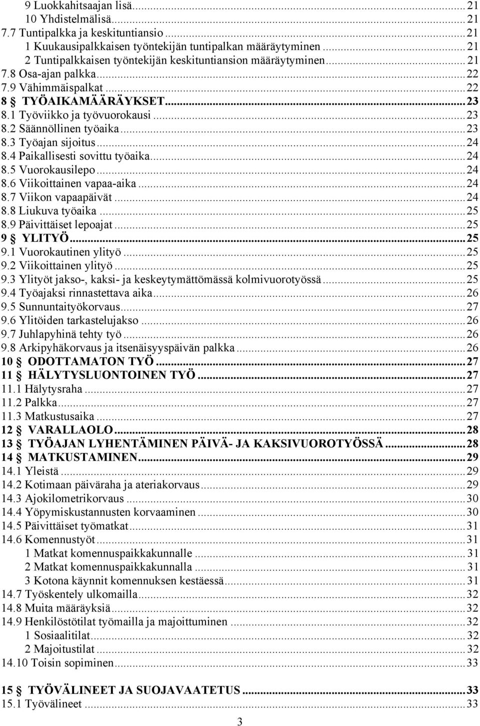 ..23 8.3 Työajan sijoitus...24 8.4 Paikallisesti sovittu työaika...24 8.5 Vuorokausilepo...24 8.6 Viikoittainen vapaa-aika...24 8.7 Viikon vapaapäivät...24 8.8 Liukuva työaika...25 8.