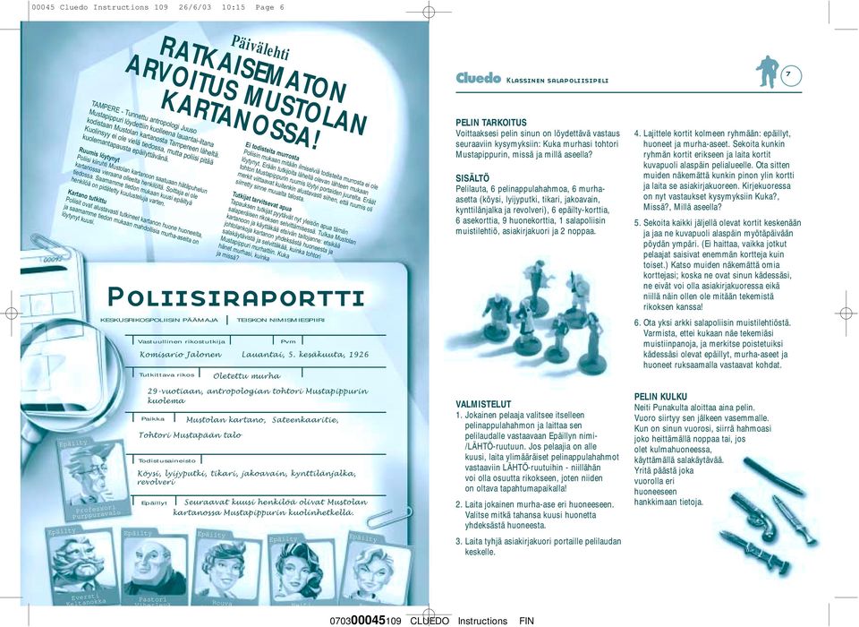 SISÄLTÖ Pelilauta, 6 pelinappulahahmoa, 6 murhaasetta (köysi, lyijyputki, tikari, jakoavain, kynttilänjalka ja revolveri), 6 epäilty-korttia, 6 asekorttia, 9 huonekorttia, 1 salapoliisin