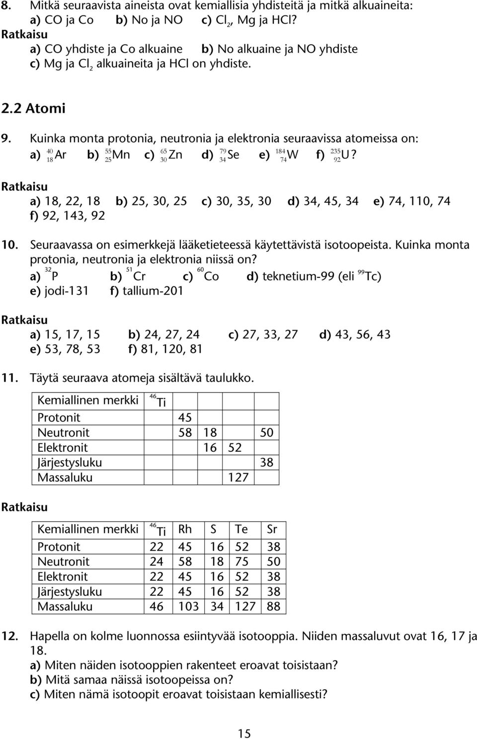 Kuinka monta protonia, neutronia ja elektronia seuraavissa atomeissa on: a) 40 18 Ar b) 55 25Mn c) 30Zn 65 d) 34Se 79 e) 184 74W f) 235 92U?