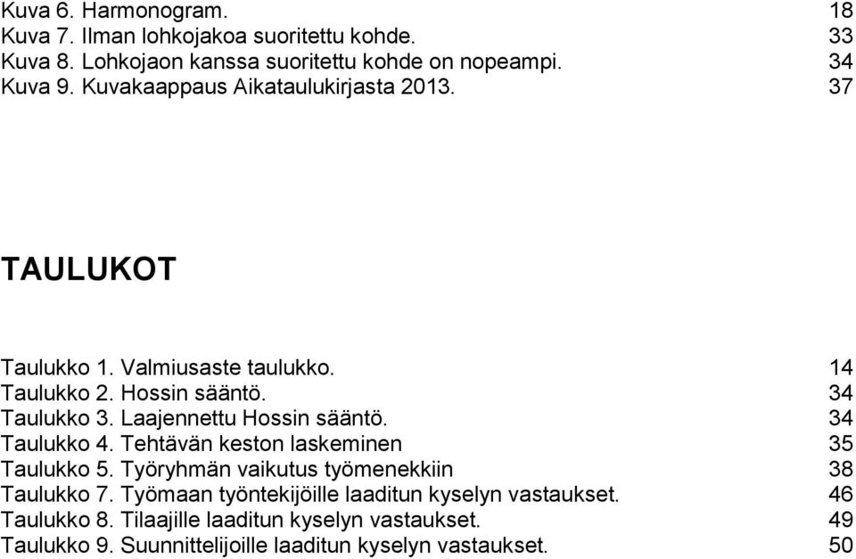 Laajennettu Hossin sääntö. 34 Taulukko 4. Tehtävän keston laskeminen 35 Taulukko 5. Työryhmän vaikutus työmenekkiin 38 Taulukko 7.
