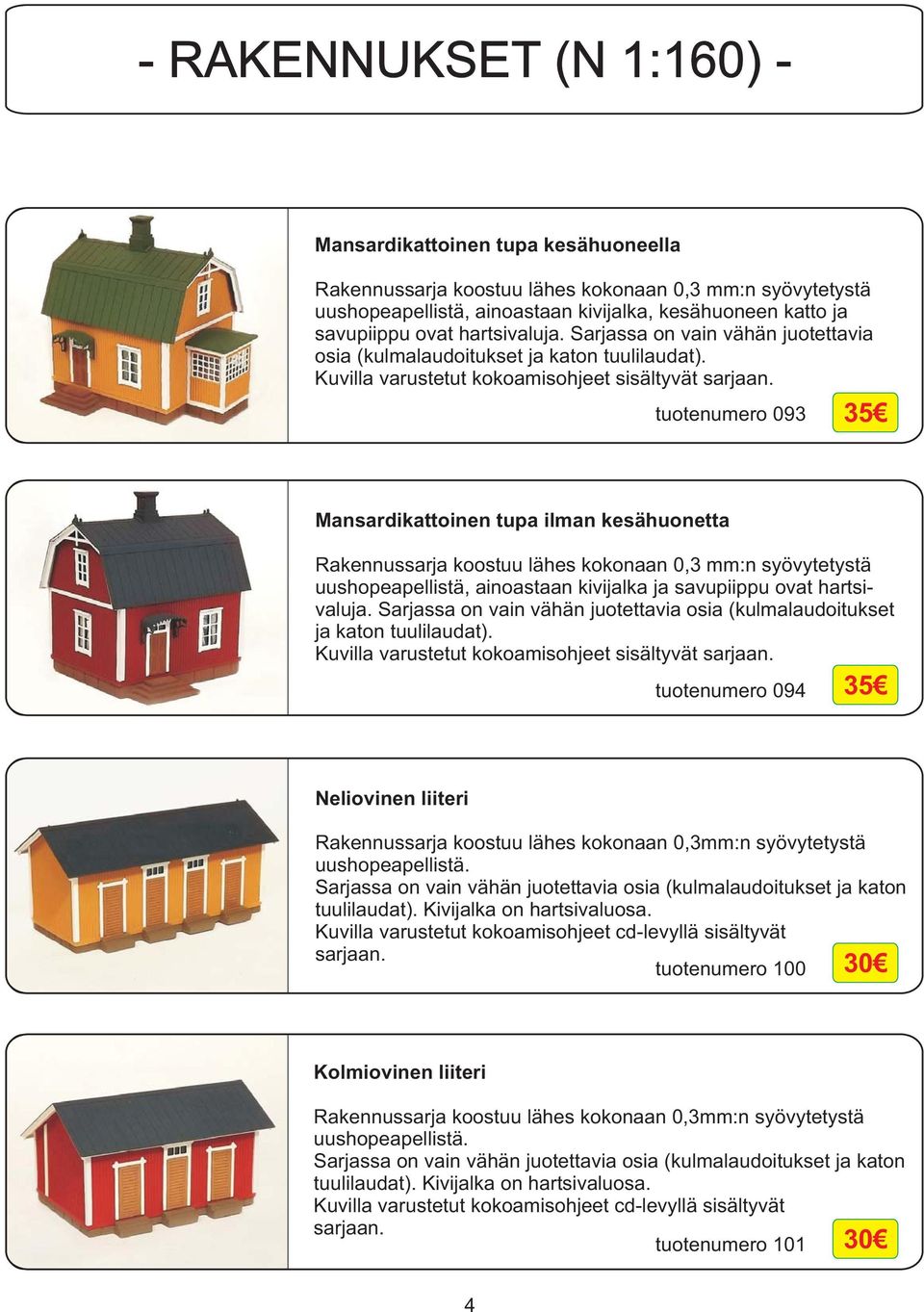 tuotenumero 093 35 Mansardikattoinen tupa ilman kesähuonetta Rakennussarja koostuu lähes kokonaan 0,3 mm:n syövytetystä uushopeapellistä, ainoastaan kivijalka ja savupiippu ovat  tuotenumero 094 35