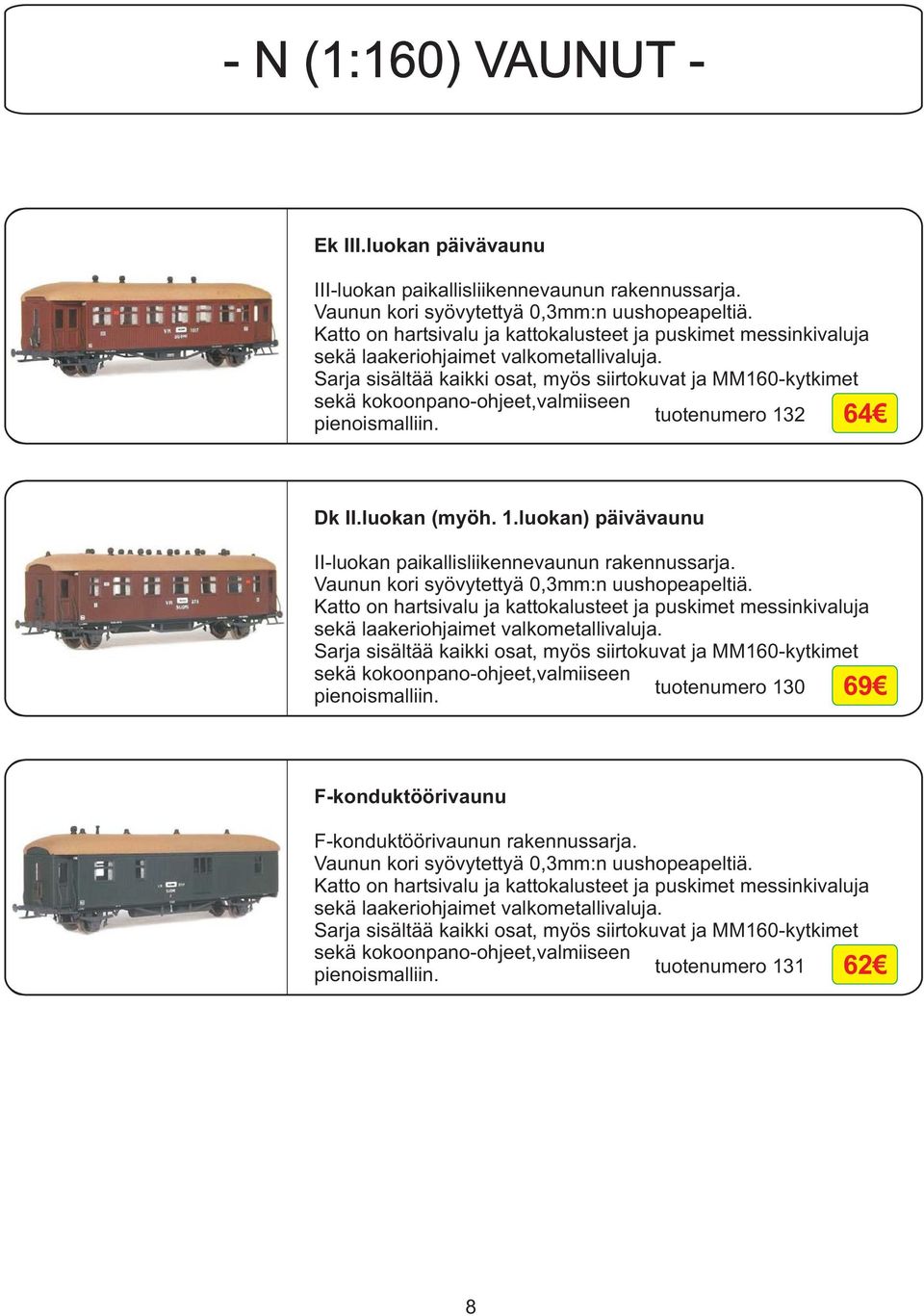 Sarja sisältää kaikki osat, myös siirtokuvat ja MM160-kytkimet sekä kokoonpano-ohjeet,valmiiseen pienoismalliin. tuotenumero 132 64 Dk II.luokan (myöh. 1.luokan) päivävaunu II-luokan paikallisliikennevaunun rakennussarja.