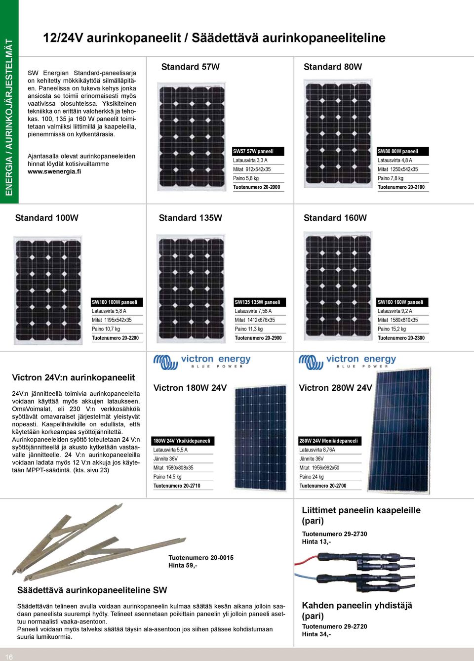 100, 135 ja 160 W paneelit toimitetaan valmiiksi liittimillä ja kaapeleilla, pienemmissä on kytkentärasia. Ajantasalla olevat aurinkopaneeleiden hinnat löydät kotisivuiltamme www.swenergia.