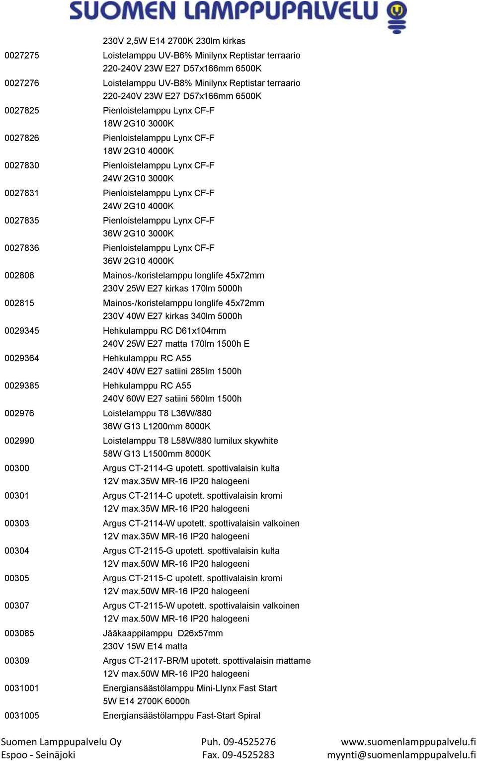 CF-F 24W 2G10 4000K 0027835 Pienloistelamppu Lynx CF-F 36W 2G10 3000K 0027836 Pienloistelamppu Lynx CF-F 36W 2G10 4000K 002808 Mainos-/koristelamppu longlife 45x72mm 230V 25W E27 kirkas 170lm 5000h