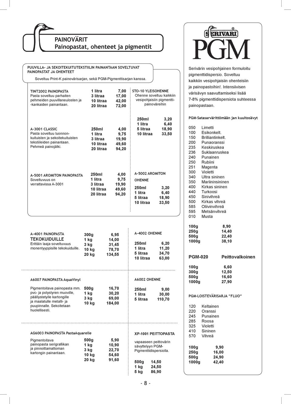 1 litra 7,00 3 litraa 17,00 10 litraa 42,00 20 litraa 72,00 STO-10 YLEISOHENNE Ohenne soveltuu kaikkiin vesipohjaisiin pigmenttipainoväreihin Serivärin vesipohjainen formuloitu pigmenttidispersio.
