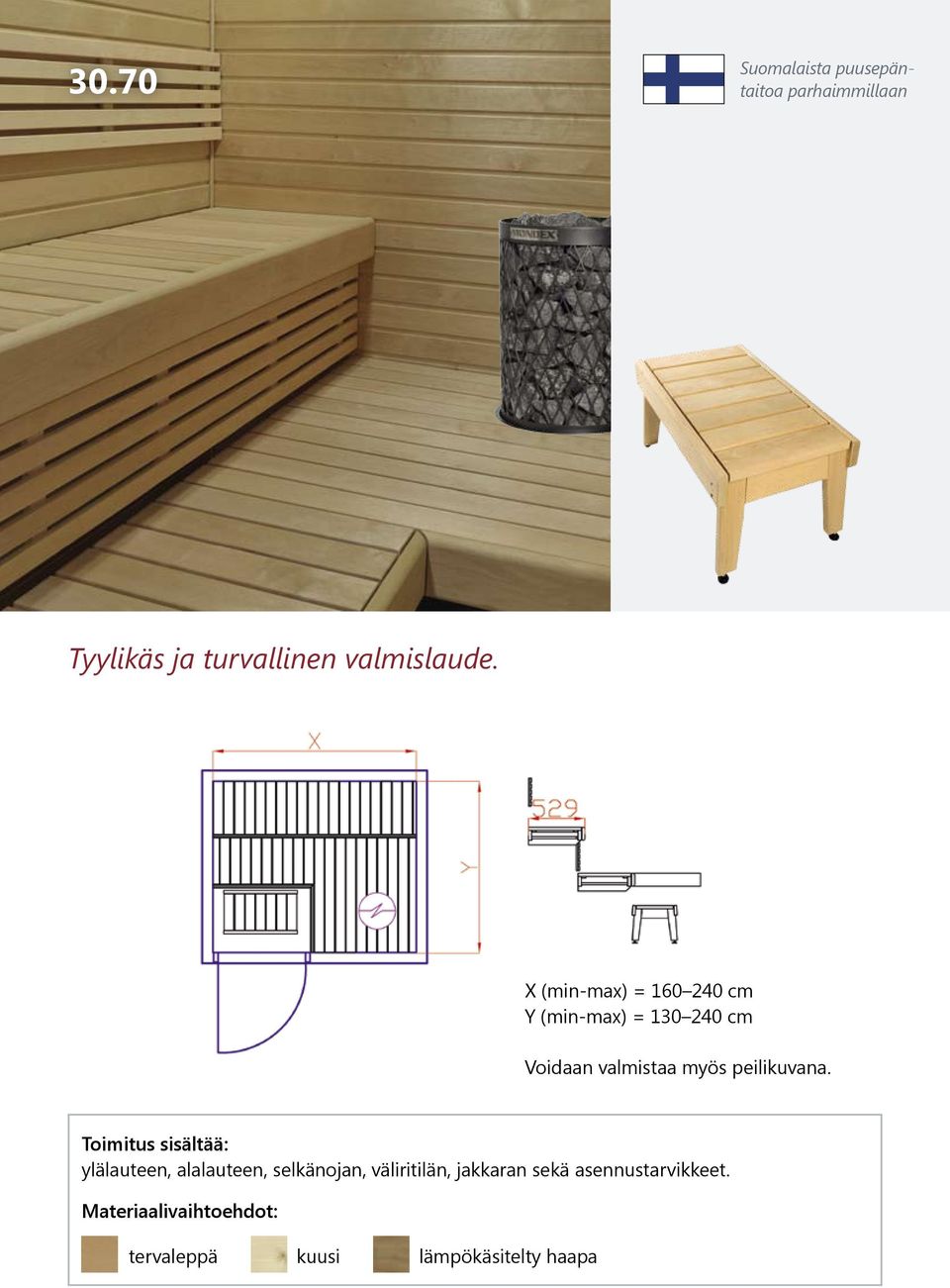 X (min-max) = 160 240 cm Y (min-max) = 130 240 cm Toimitus sisältää:
