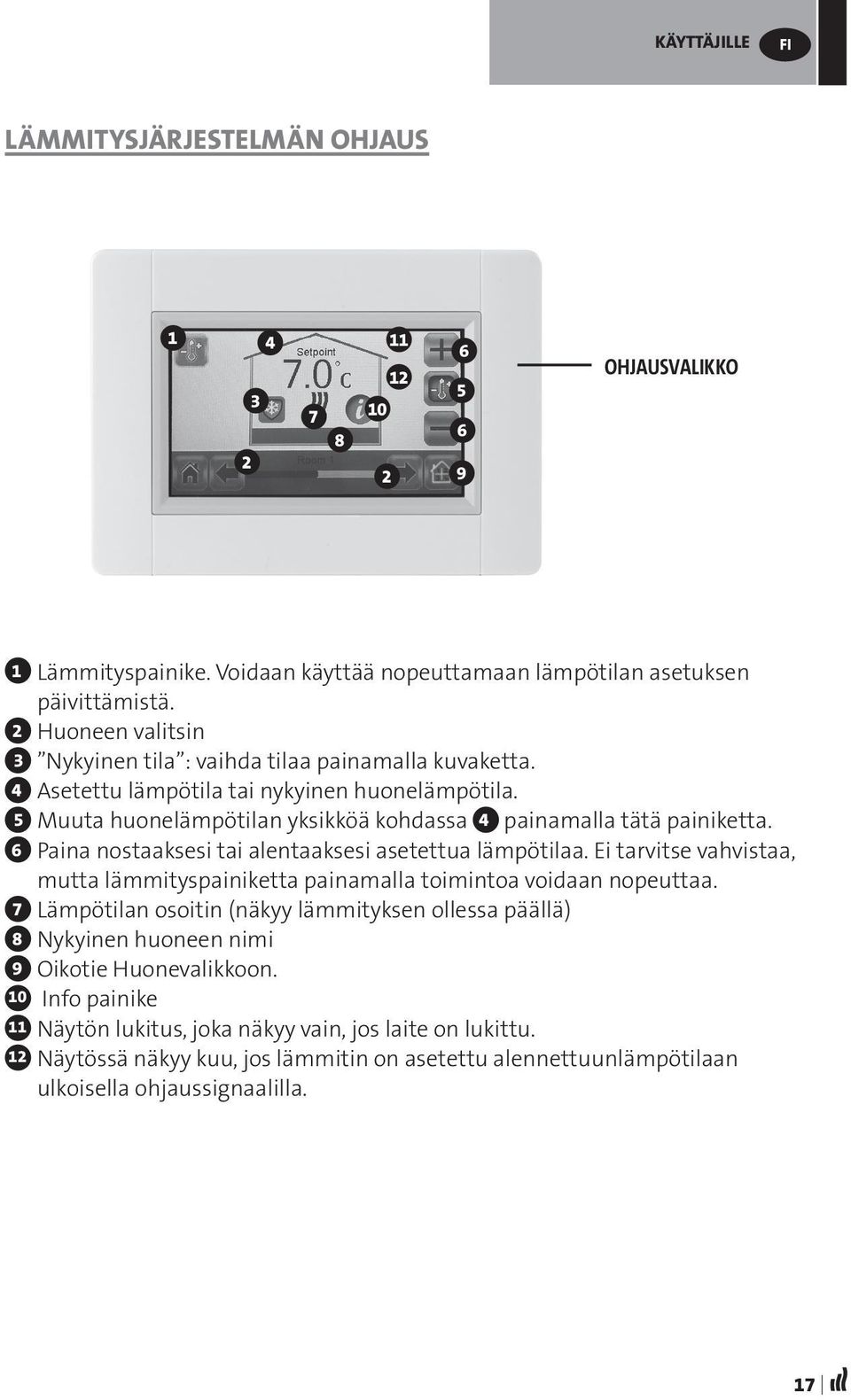 6 Paina nostaaksesi tai alentaaksesi asetettua lämpötilaa. Ei tarvitse vahvistaa, mutta lämmityspainiketta painamalla toimintoa voidaan nopeuttaa.