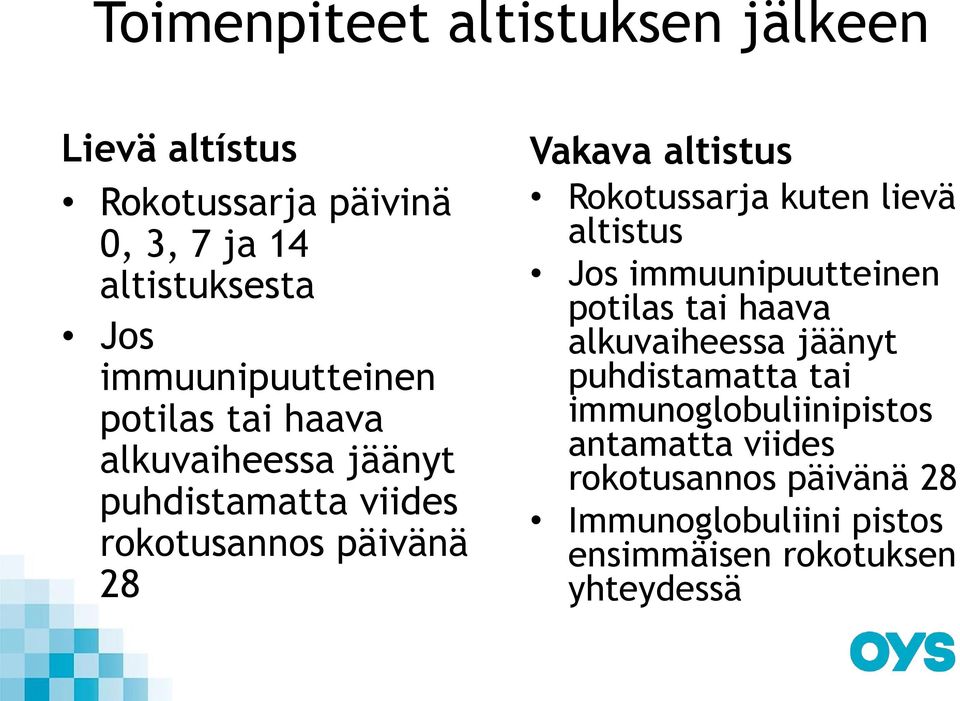 altistus Rokotussarja kuten lievä altistus Jos immuunipuutteinen potilas tai haava alkuvaiheessa jäänyt