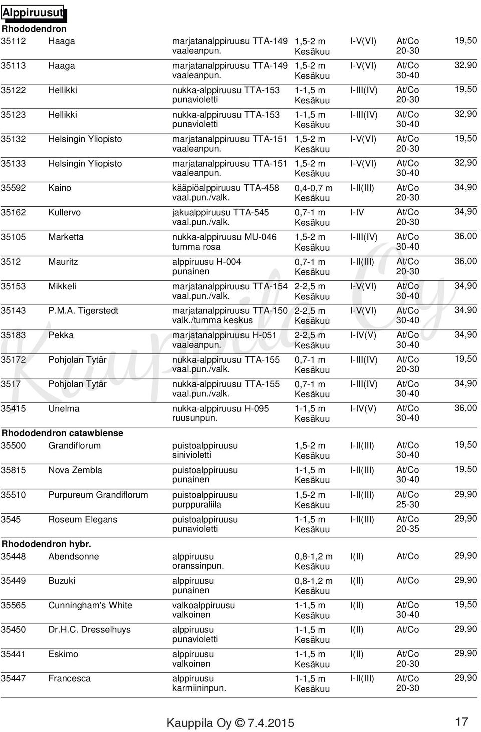 Yliopisto marjatanalppiruusu TTA-151 1,5-2 m I-V(VI) At/Co 19,50 vaaleanpun. 20-30 35133 Helsingin Yliopisto marjatanalppiruusu TTA-151 1,5-2 m I-V(VI) At/Co 32,90 vaaleanpun.