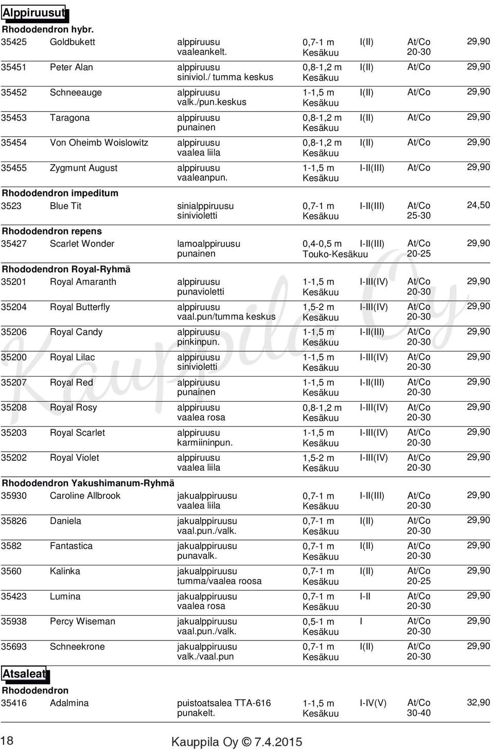 keskus 35453 Taragona alppiruusu 0,8-1,2 m I(II) At/Co 29,90 punainen 35454 Von Oheimb Woislowitz alppiruusu 0,8-1,2 m I(II) At/Co 29,90 vaalea liila 35455 Zygmunt August alppiruusu 1-1,5 m I-II(III)