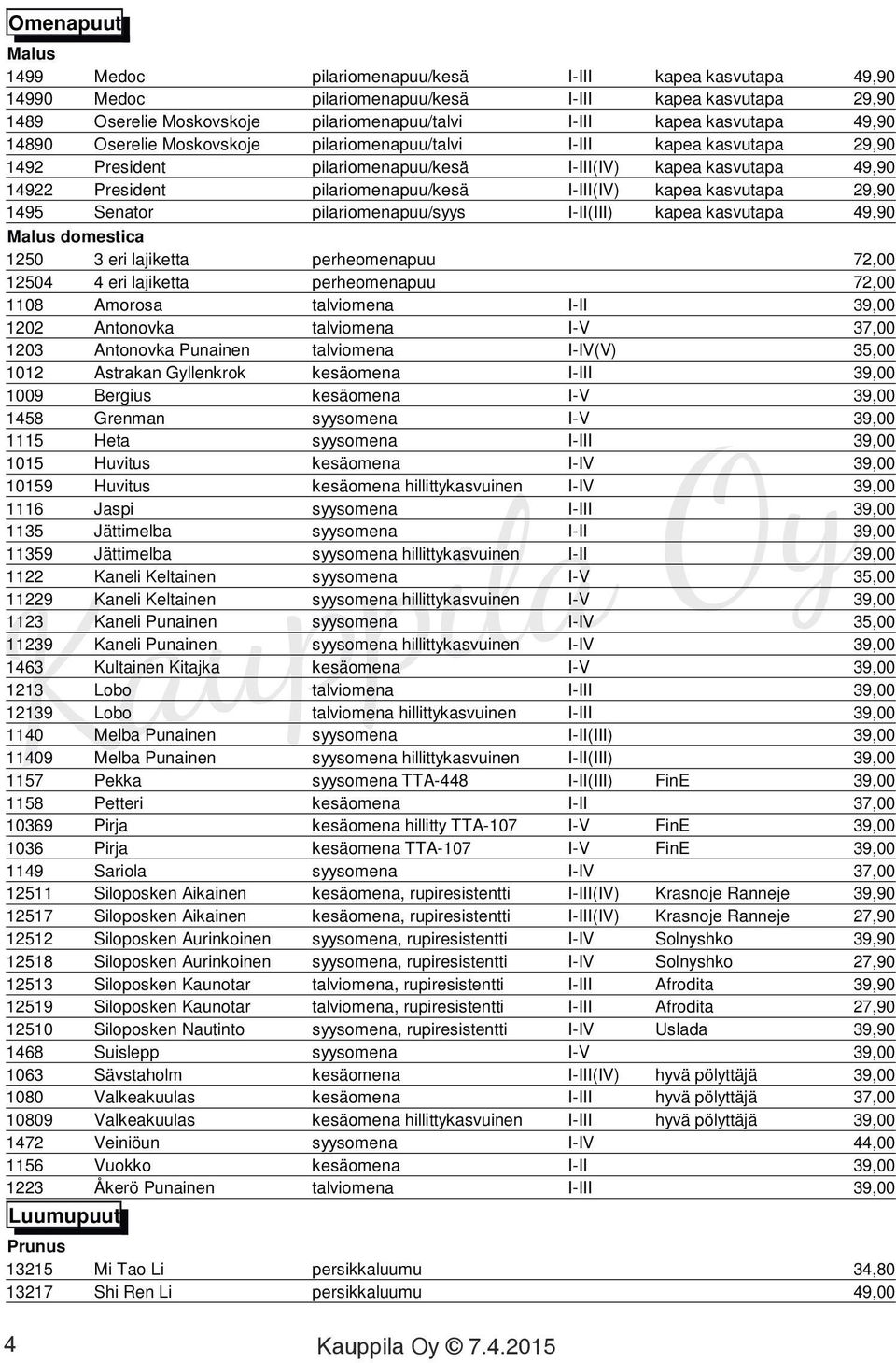 I-III(IV) kapea kasvutapa 29,90 1495 Senator pilariomenapuu/syys I-II(III) kapea kasvutapa 49,90 Malus domestica 1250 3 eri lajiketta perheomenapuu 72,00 12504 4 eri lajiketta perheomenapuu 72,00