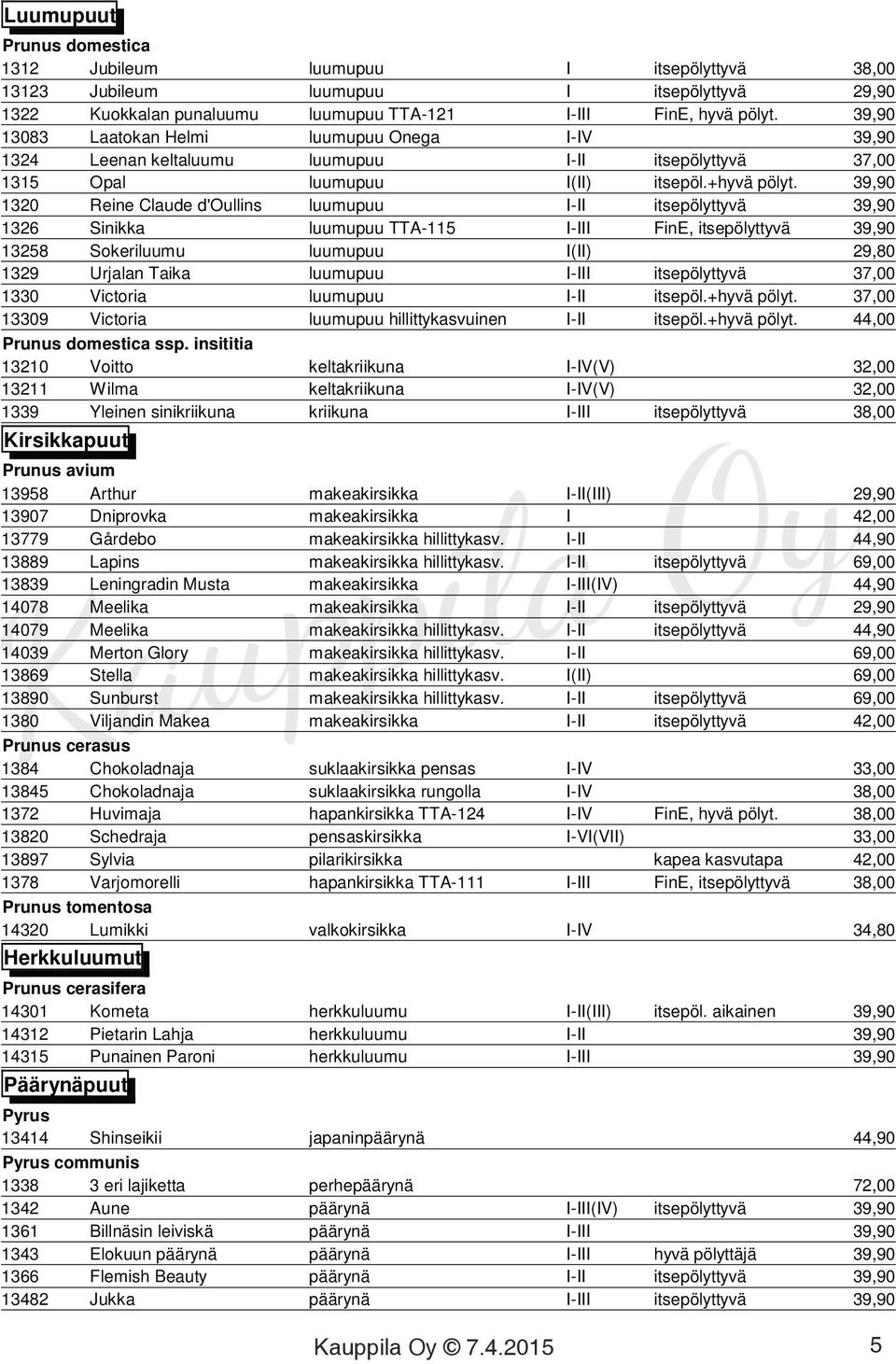 39,90 1320 Reine Claude d'oullins luumupuu I-II itsepölyttyvä 39,90 1326 Sinikka luumupuu TTA-115 I-III FinE, itsepölyttyvä 39,90 13258 Sokeriluumu luumupuu I(II) 29,80 1329 Urjalan Taika luumupuu