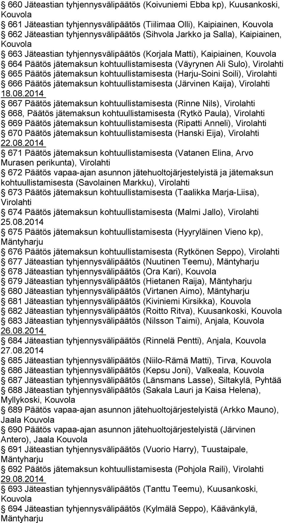 (Harju-Soini Soili), Virolahti 666 Päätös jätemaksun kohtuullistamisesta (Järvinen Kaija), Virolahti 18.08.