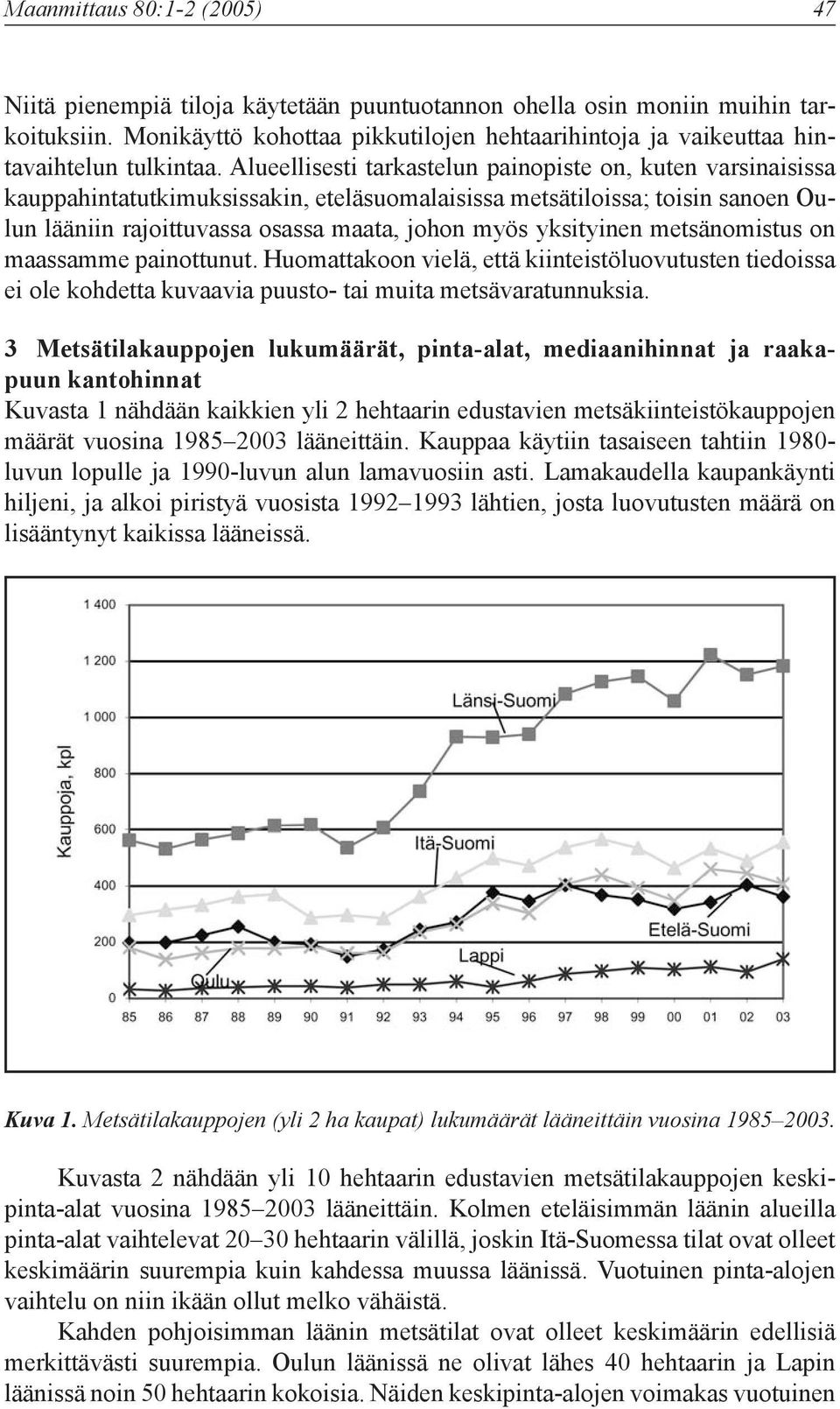 Alueellisesti tarkastelun painopiste on, kuten varsinaisissa kauppahintatutkimuksissakin, eteläsuomalaisissa metsätiloissa; toisin sanoen Oulun lääniin rajoittuvassa osassa maata, johon myös