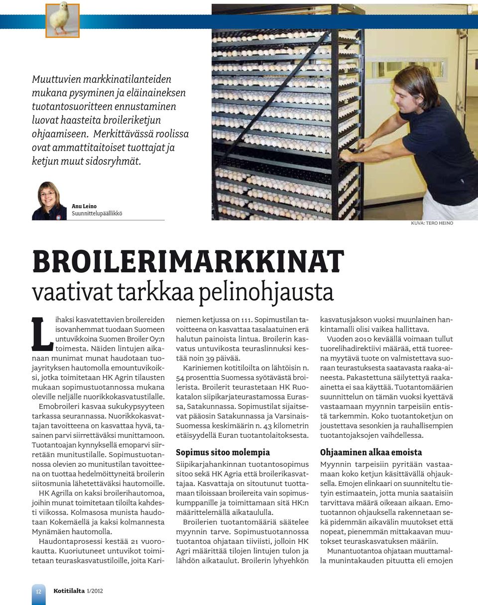 Anu Leino Suunnittelupäällikkö Kuva: Tero Heino Broilerimarkkinat vaativat tarkkaa pelinohjausta Lihaksi kasvatettavien broilereiden isovanhemmat tuodaan Suomeen untuvikkoina Suomen Broiler Oy:n