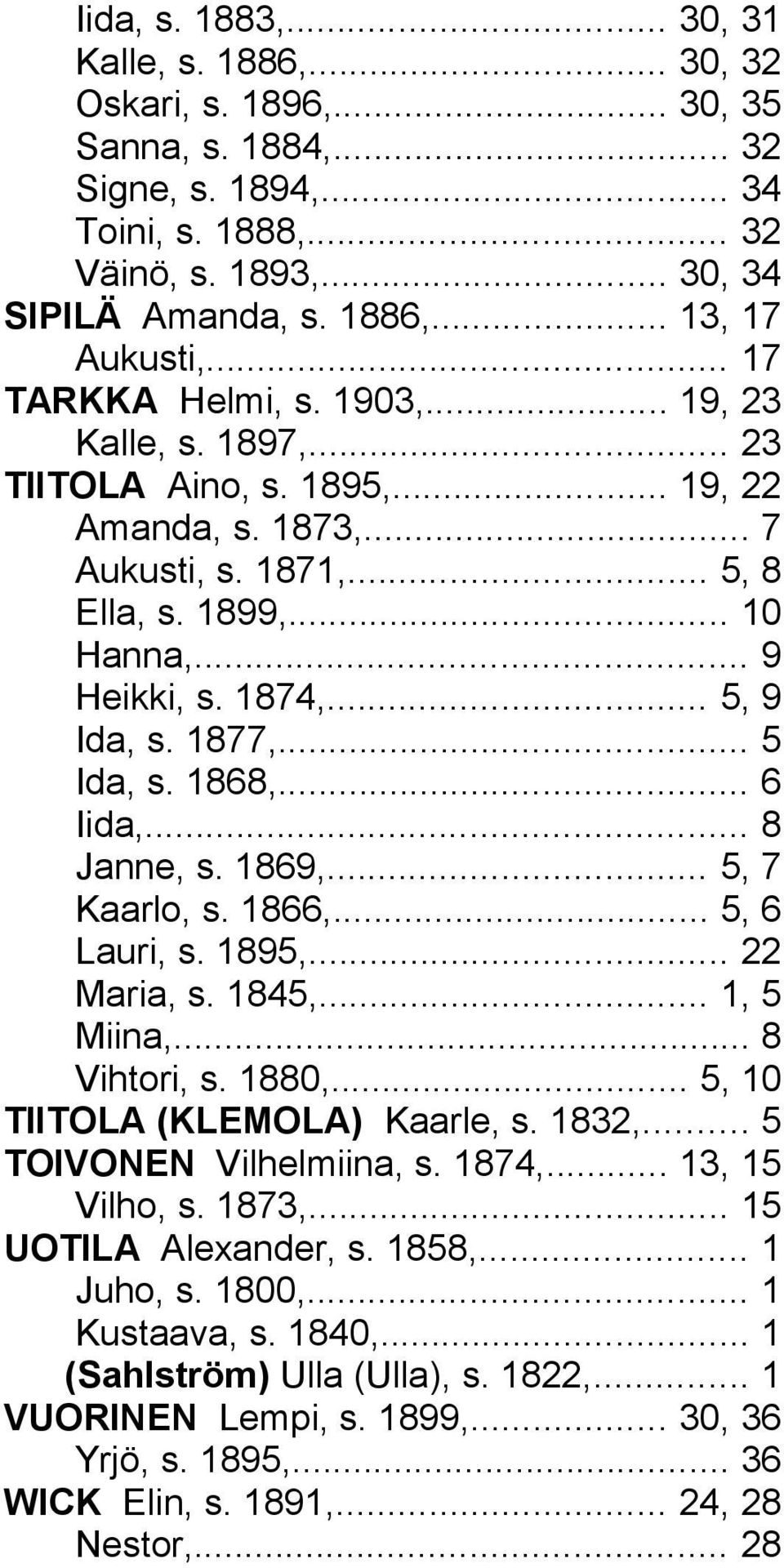 .. 5, 9 Ida, s. 1877,... 5 Ida, s. 1868,... 6 Iida,... 8 Janne, s. 1869,... 5, 7 Kaarlo, s. 1866,... 5, 6 Lauri, s. 1895,... 22 Maria, s. 1845,... 1, 5 Miina,... 8 Vihtori, s. 1880,.