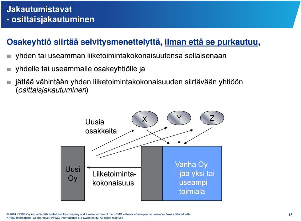 osakeyhtiölle ja jättää vähintään yhden liiketoimintakokonaisuuden siirtävään yhtiöön