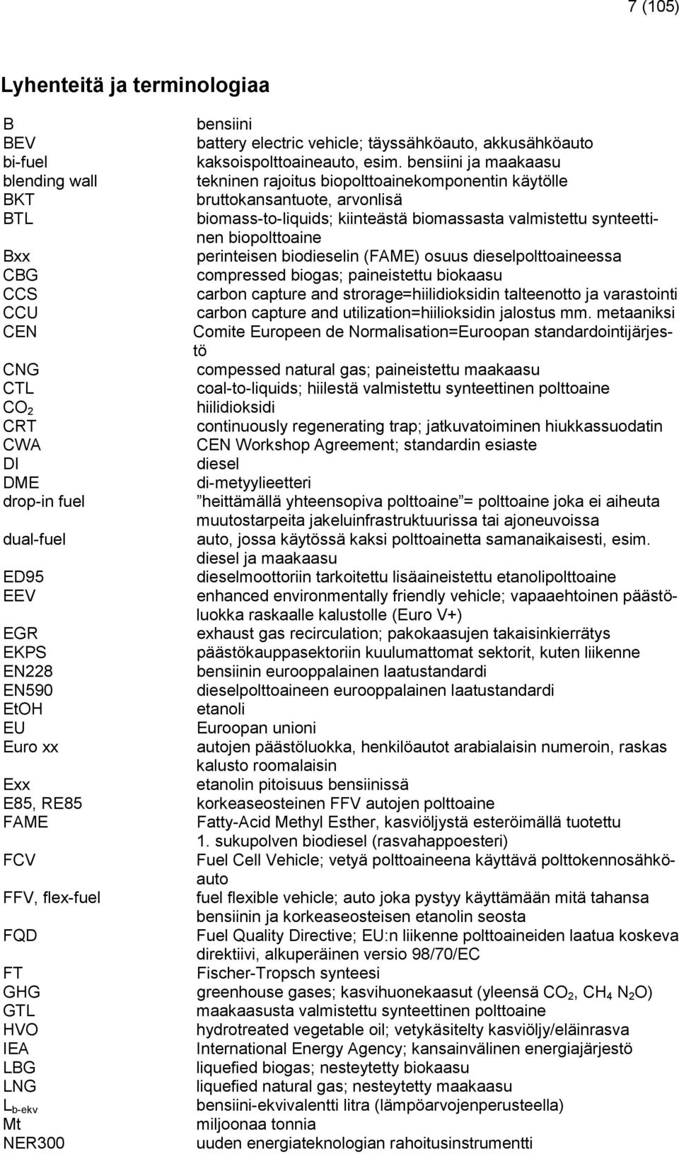 biopolttoaine Bxx perinteisen biodieselin (FAME) osuus dieselpolttoaineessa CBG compressed biogas; paineistettu biokaasu CCS carbon capture and strorage=hiilidioksidin talteenotto ja varastointi CCU