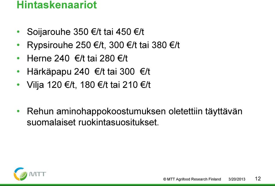 /t, 180 /t tai 210 /t Rehun aminohappokoostumuksen oletettiin täyttävän