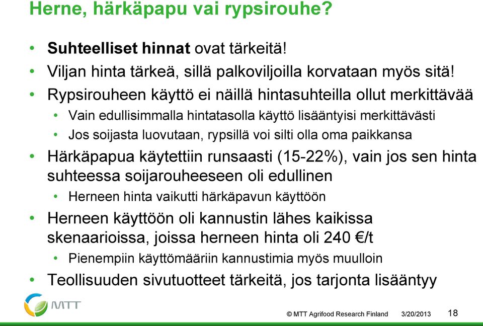 oma paikkansa Härkäpapua käytettiin runsaasti (15-22%), vain jos sen hinta suhteessa soijarouheeseen oli edullinen Herneen hinta vaikutti härkäpavun käyttöön Herneen käyttöön