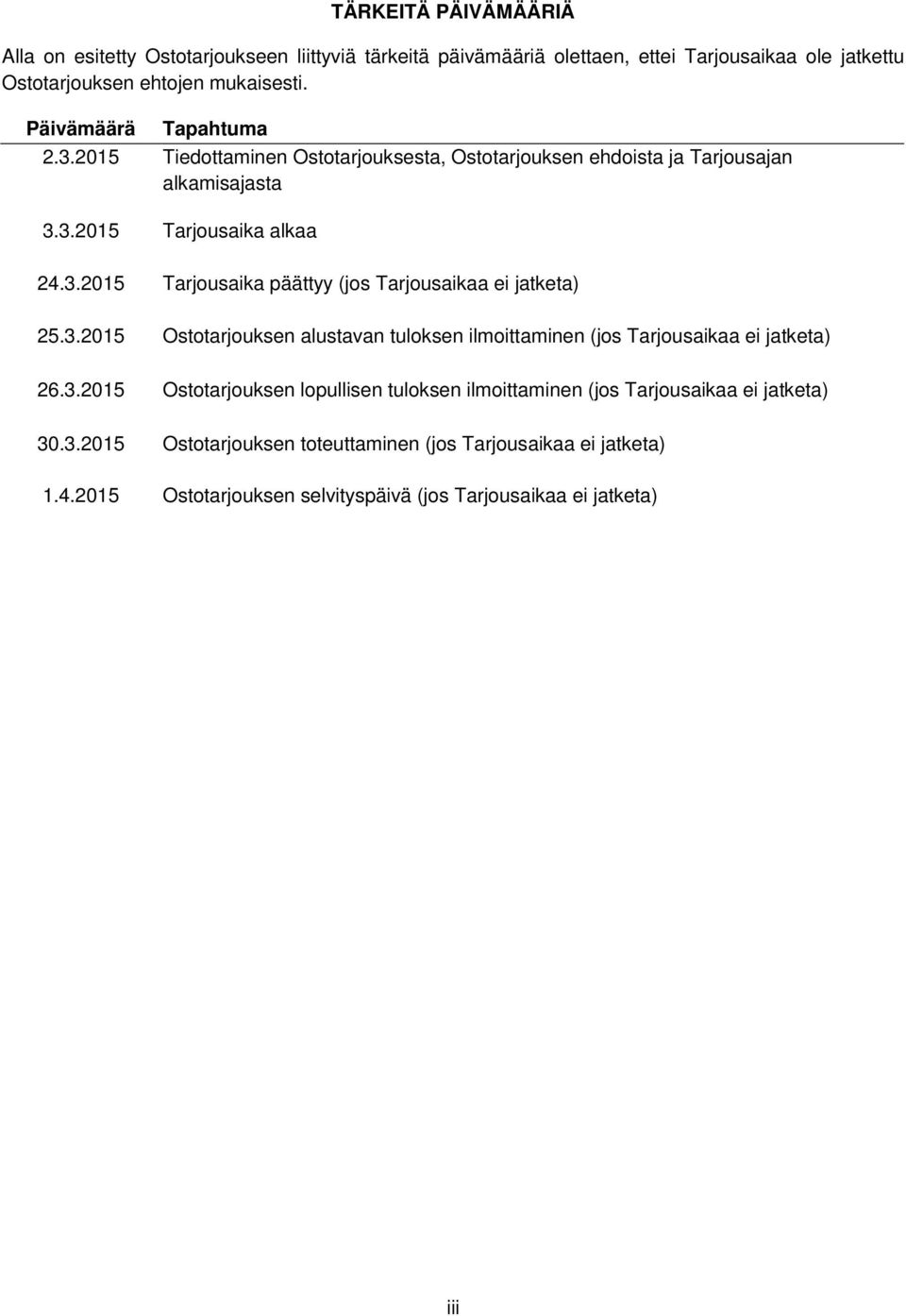 3.2015 Ostotarjouksen alustavan tuloksen ilmoittaminen (jos Tarjousaikaa ei jatketa) 26.3.2015 Ostotarjouksen lopullisen tuloksen ilmoittaminen (jos Tarjousaikaa ei jatketa) 30.