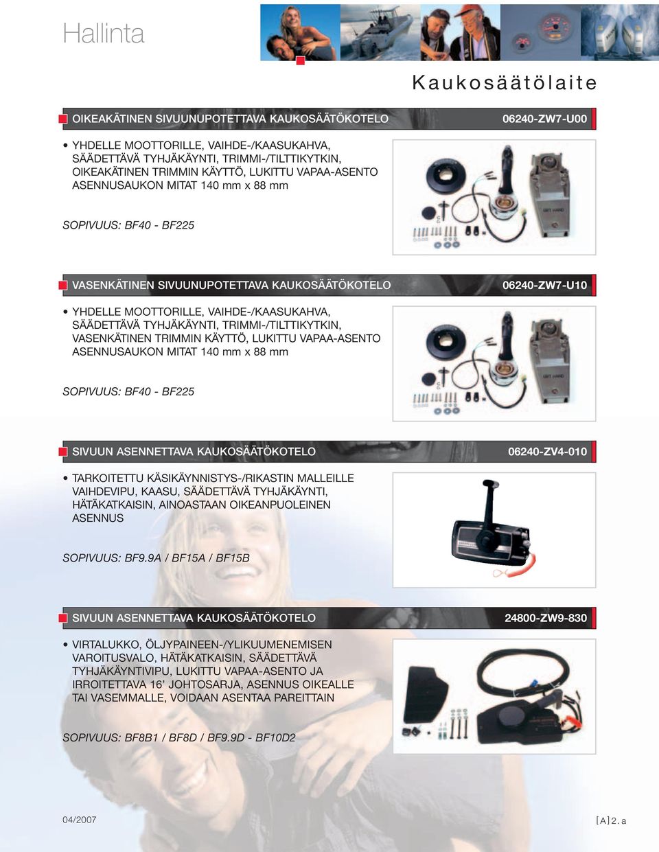 TRIMMI-/TILTTIKYTKIN, VASENKÄTINEN TRIMMIN KÄYTTÖ, LUKITTU VAPAA-ASENTO ASENNUSAUKON MITAT 140 mm x 88 mm SIVUUN ASENNETTAVA KAUKOSÄÄTÖKOTELO 06240-ZV4-010 TARKOITETTU KÄSIKÄYNNISTYS-/RIKASTIN