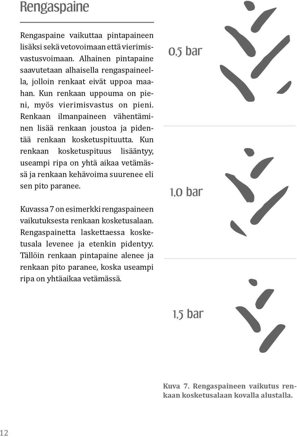Kun renkaan kosketuspituus lisääntyy, useampi ripa on yhtä aikaa vetämässä ja renkaan kehävoima suurenee eli sen pito paranee. Kuvassa 7 on esimerkki rengaspaineen vaikutuksesta renkaan kosketusalaan.