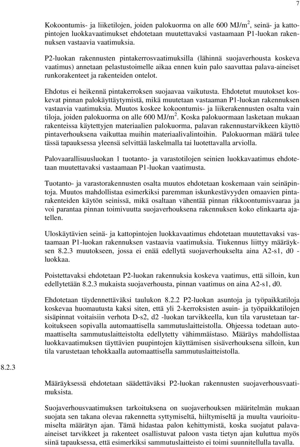 ontelot. Ehdotus ei heikennä pintakerroksen suojaavaa vaikutusta. Ehdotetut muutokset koskevat pinnan palokäyttäytymistä, mikä muutetaan vastaaman P1-luokan rakennuksen vastaavia vaatimuksia.