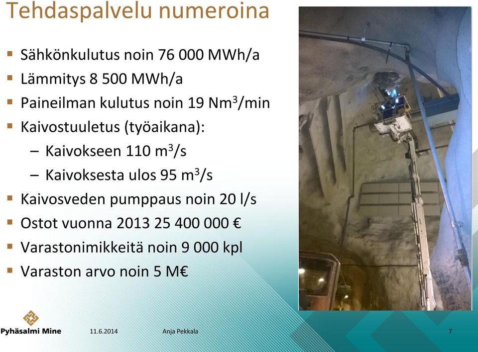 /s Kaivoksesta ulos 95 m 3 /s Kaivosveden pumppaus noin 20 l/s Ostot vuonna 2013 25