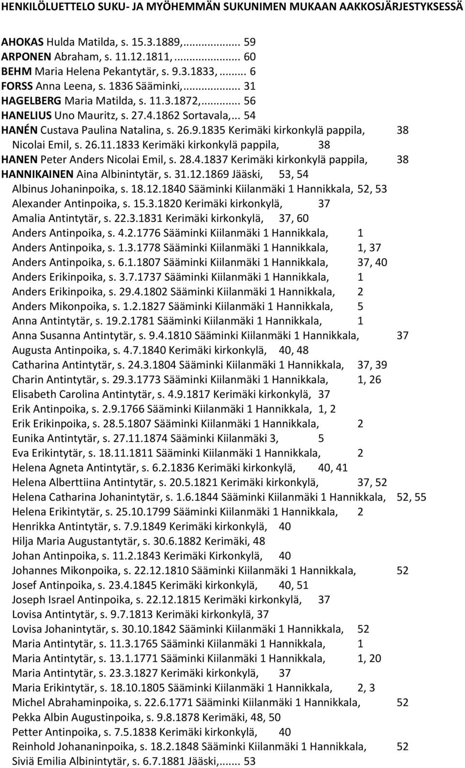 1835 Kerimäki kirkonkylä pappila, 38 Nicolai Emil, s. 26.11.1833 Kerimäki kirkonkylä pappila, 38 HANEN Peter Anders Nicolai Emil, s. 28.4.