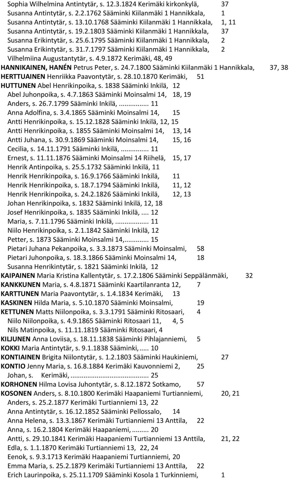 31.7.1797 Sääminki Kiilanmäki 1 Hannikkala, 2 Vilhelmiina Augustantytär, s. 4.9.1872 Kerimäki, 48, 49 HANNIKAINEN, HANÉN Petrus Peter, s. 24.7.1800 Sääminki Kiilanmäki 1 Hannikkala, 37, 38 HERTTUAINEN Henriikka Paavontytär, s.